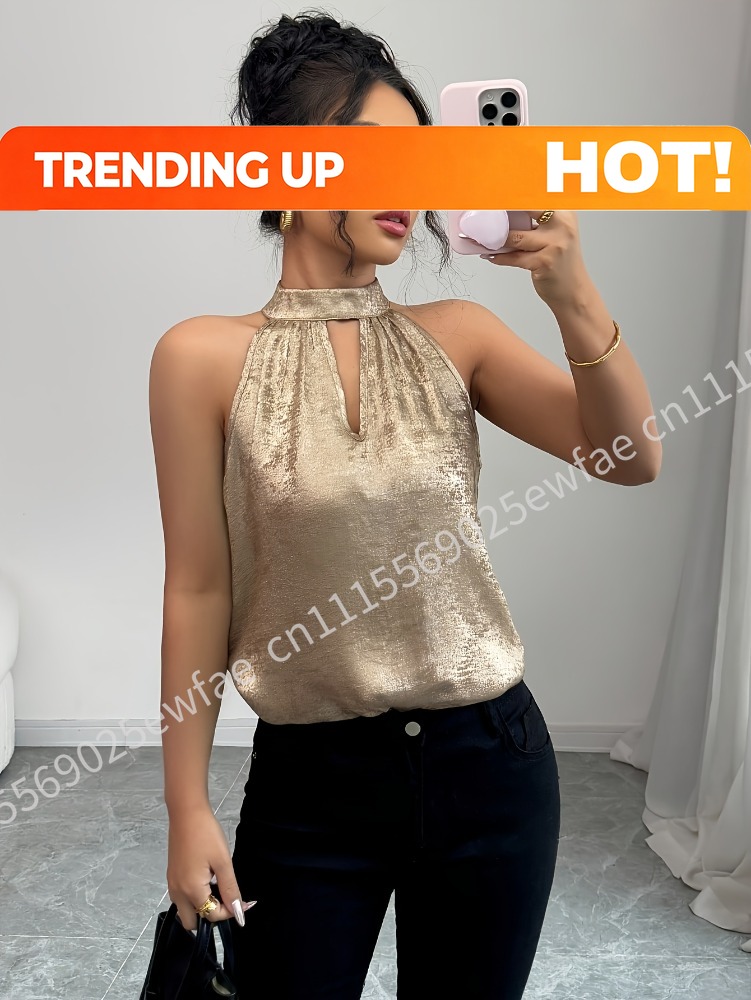Off Shoulder Blouse - Champagne Golden Shiny Glossy Halter Neck