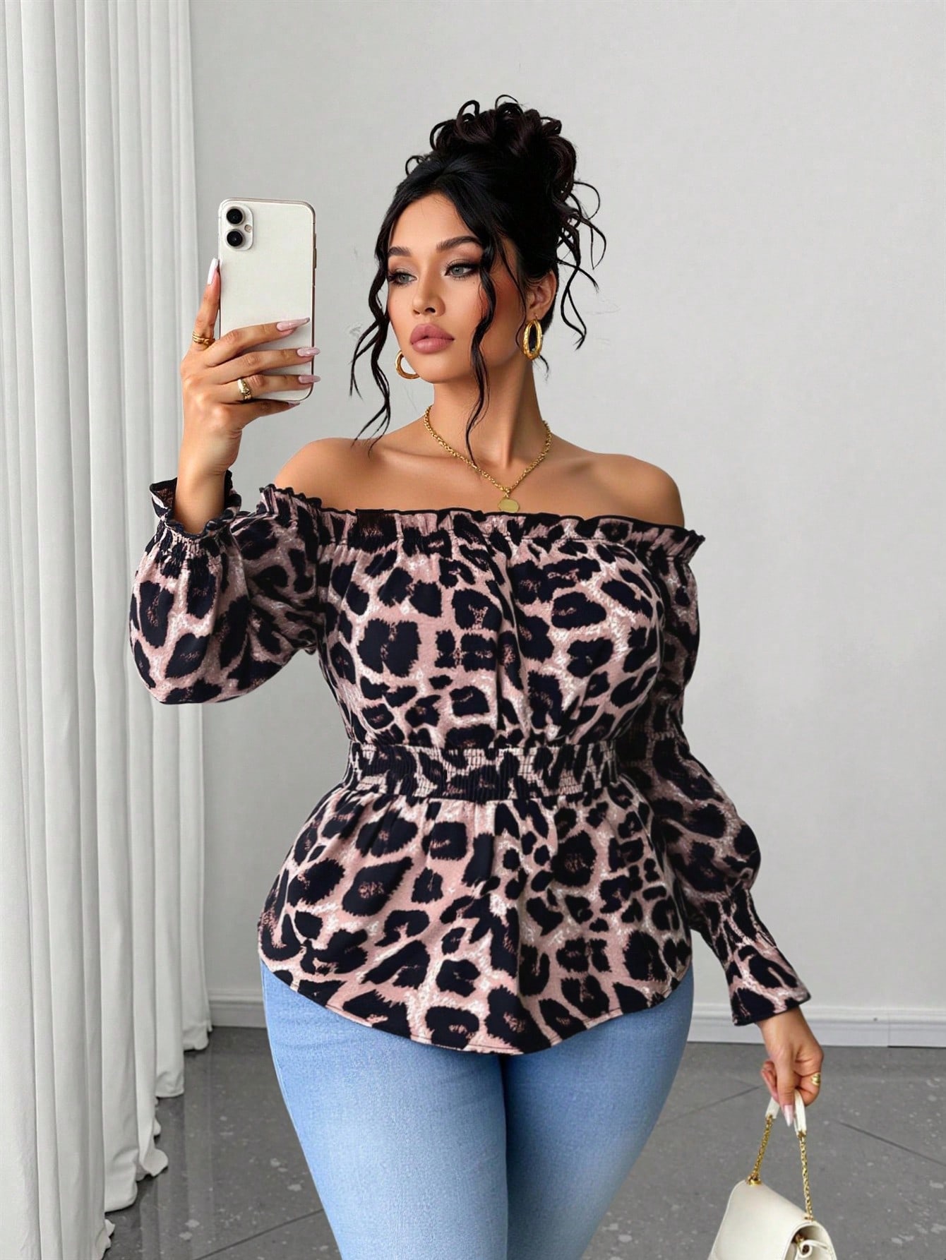 Plus Size Women Leopard Print  - đánh giá và giá Off Shoulder Blouse