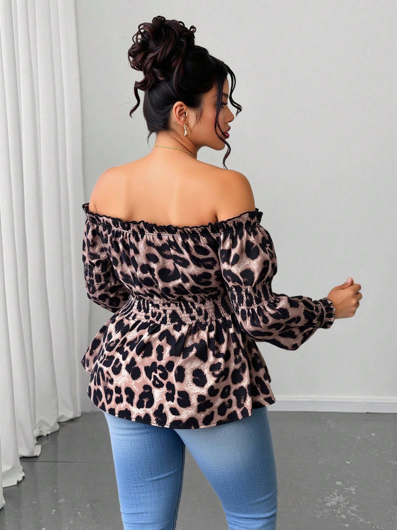 Plus Size Women Leopard Print  - đánh giá và giá Off Shoulder Blouse