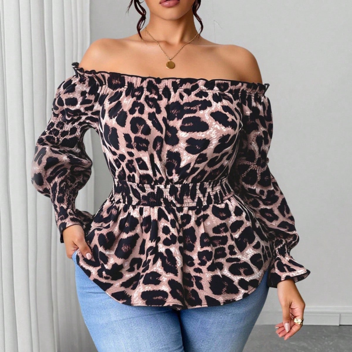 Plus Size Women Leopard Print  - đánh giá và giá Off Shoulder Blouse