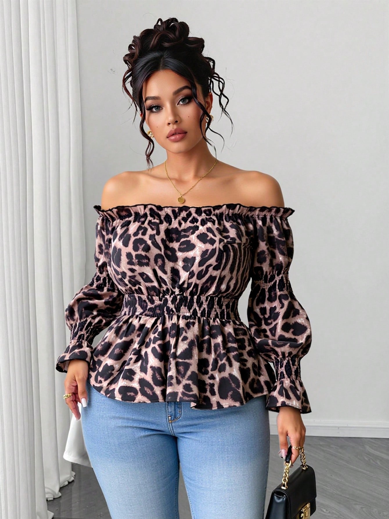 Plus Size Women Leopard Print  - đánh giá và giá Off Shoulder Blouse